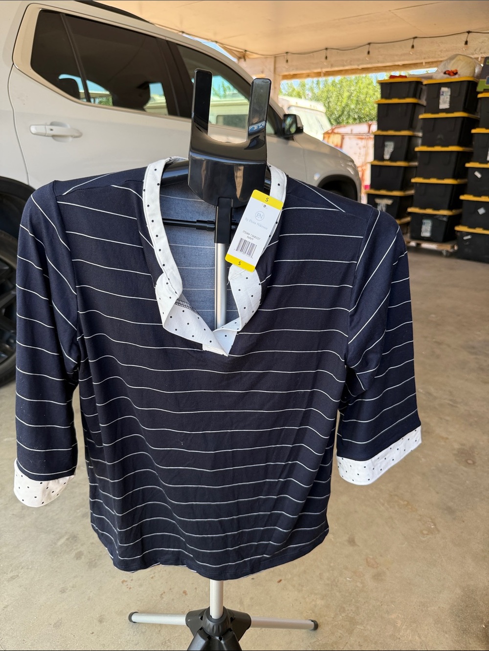 Flora Nikrooz Navy Striped Top with White Polka Dot Trim